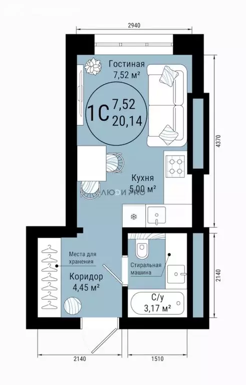 Квартира-студия: Уфа, улица Лётчиков, 2 (20.14 м) - Фото 1
