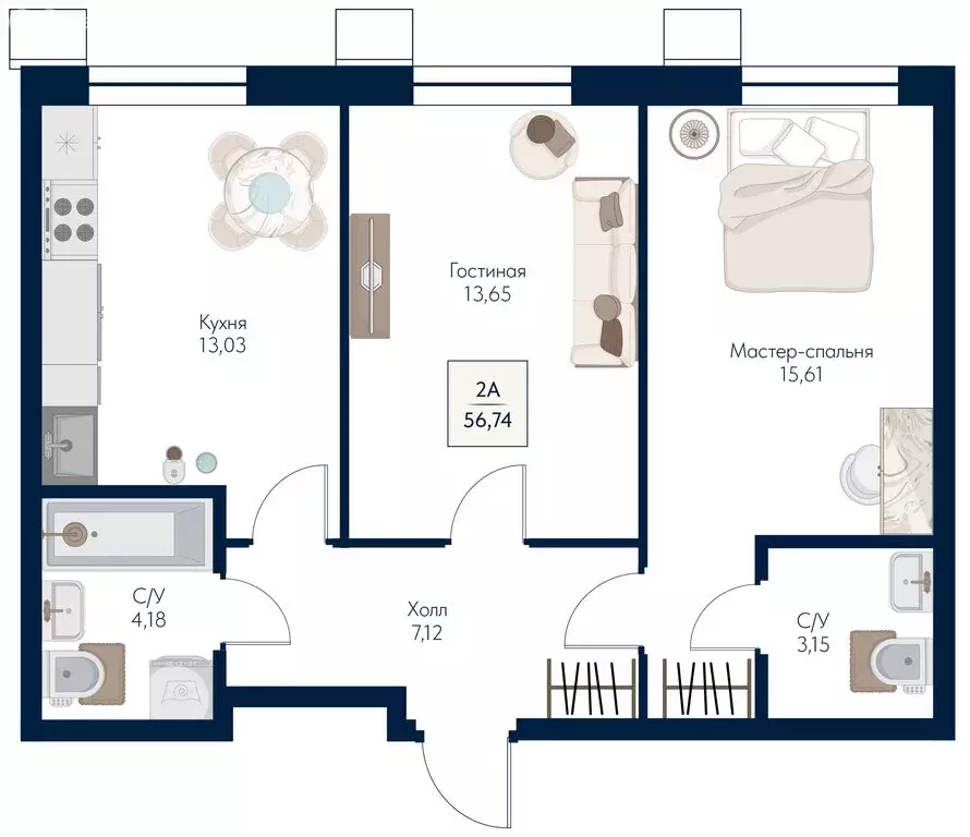 2-комнатная квартира: Мытищи, ЖК Бархат (56.74 м) - Фото 0