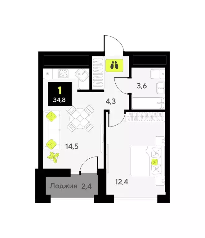 1-комнатная квартира: Тюмень, улица Первооткрывателей, 9 (34.8 м) - Фото 1