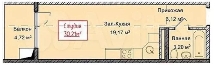 Квартира-студия, 30,2 м, 7/13 эт. - Фото 1