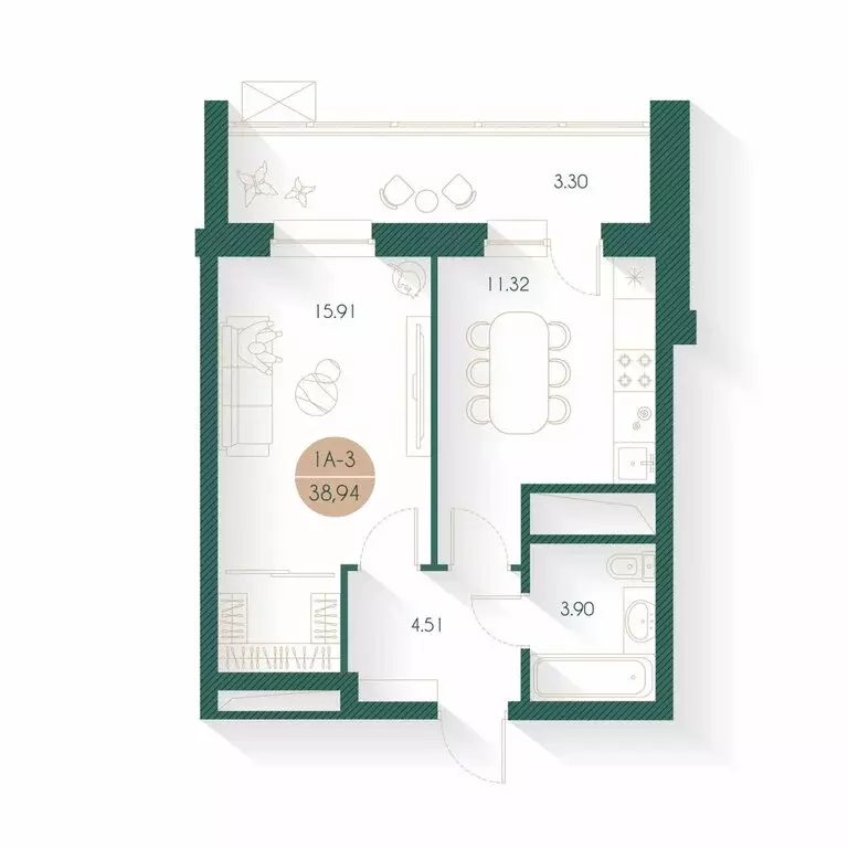 1-комнатная квартира: Казань, улица Родины, 20/4 (38.94 м) - Фото 1