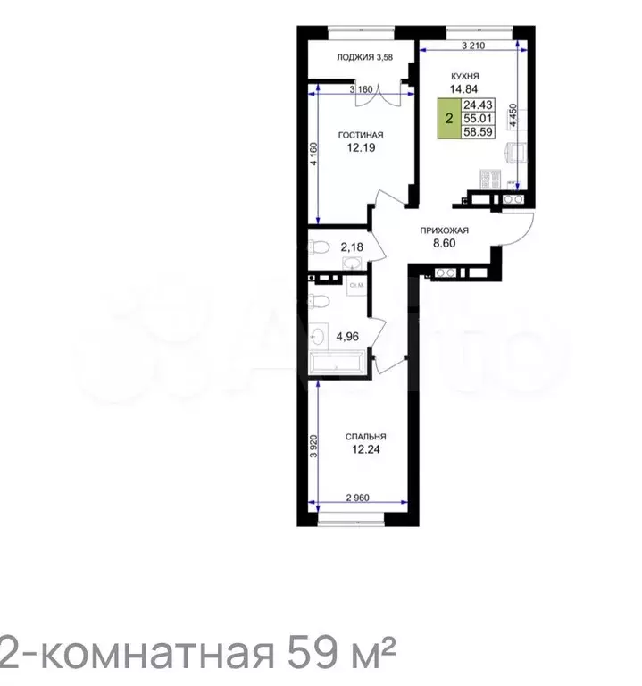 2-к. квартира, 59м, 4/7эт. - Фото 1