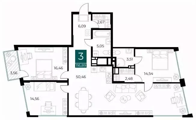 3-к кв. Рязанская область, Рязань Арт Кварталы жилой комплекс (116.89 ... - Фото 1
