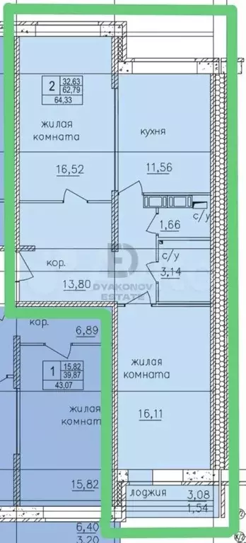 2-к. квартира, 63,6 м, 5/10 эт. - Фото 0