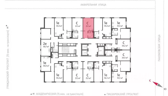 Студия Санкт-Петербург ул. Пахомовская, 16к1 (20.9 м) - Фото 1