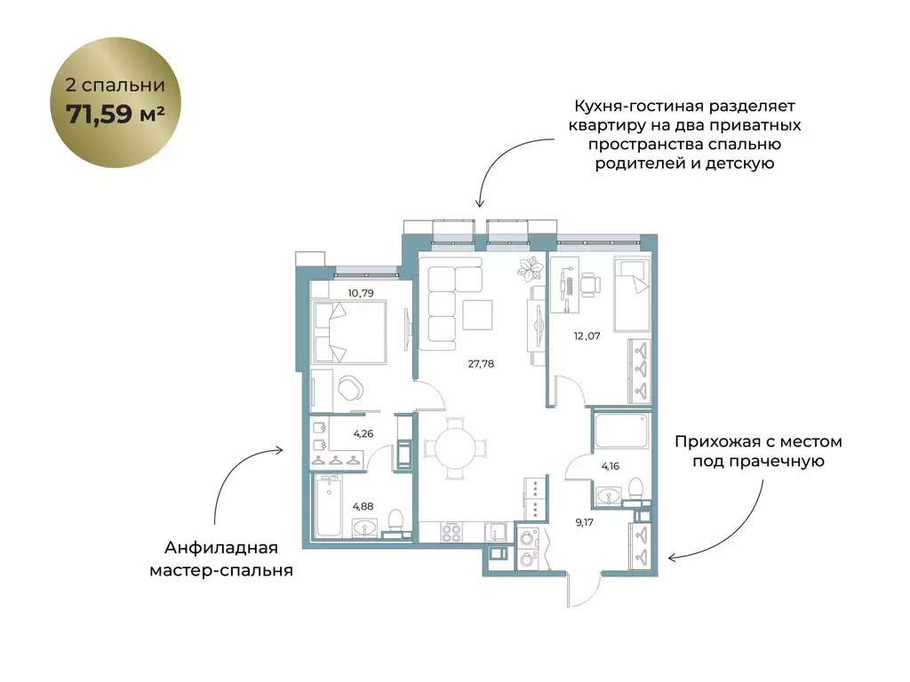 2-к квартира, 71.59 м - Фото 0