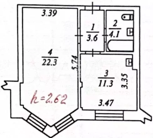 1-к. квартира, 41,3 м, 2/3 эт. - Фото 0