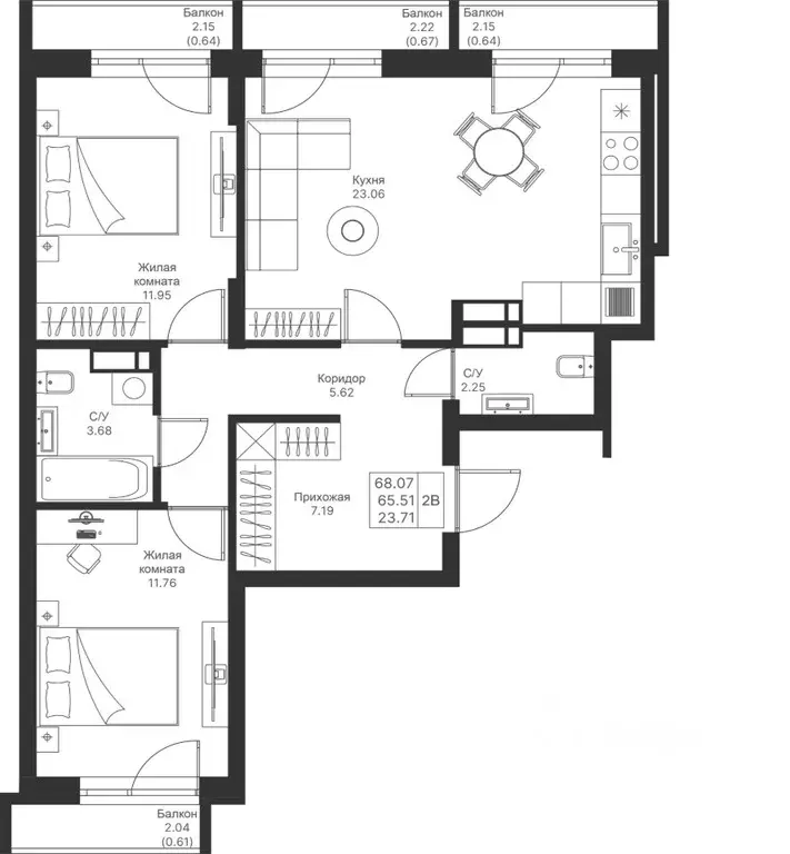 2-к кв. Татарстан, Казань Мой Ритм жилой комплекс, ПК14 (68.07 м) - Фото 1