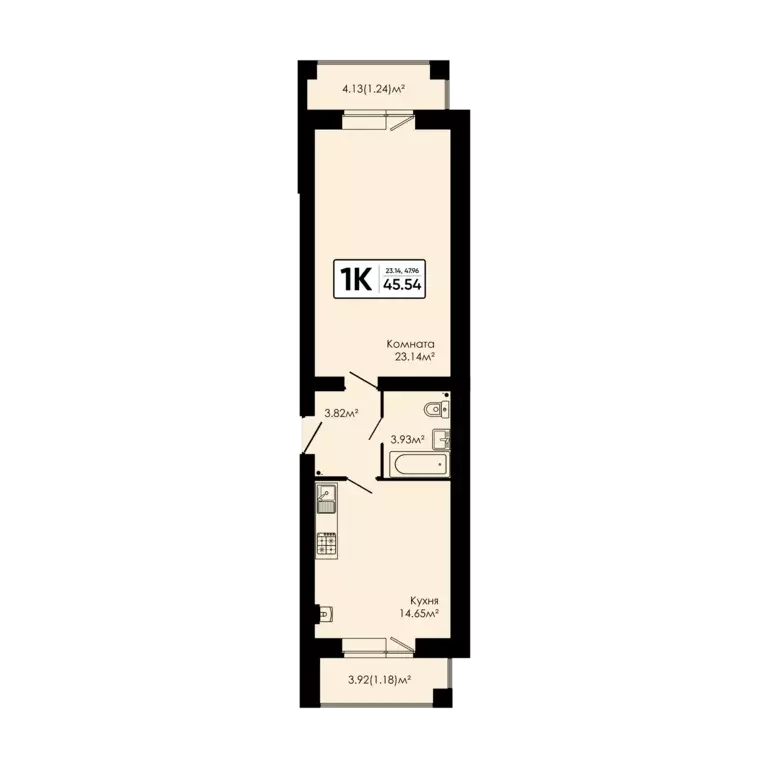 1-к квартира, 45.54 м - Фото 0