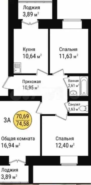 3-к. квартира, 74 м, 6/9 эт. - Фото 0