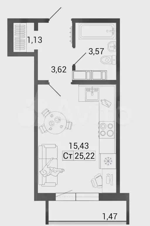 Квартира-студия, 25,2 м, 2/14 эт. - Фото 1