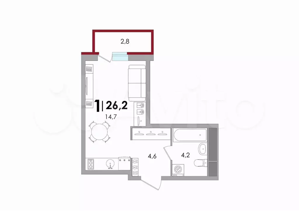 Квартира-студия, 26,2 м, 9/18 эт. - Фото 1