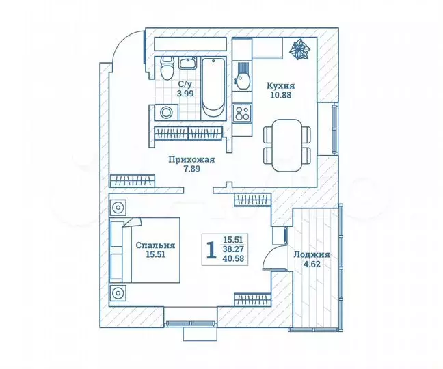 1-к. квартира, 40,6м, 6/7эт. - Фото 0