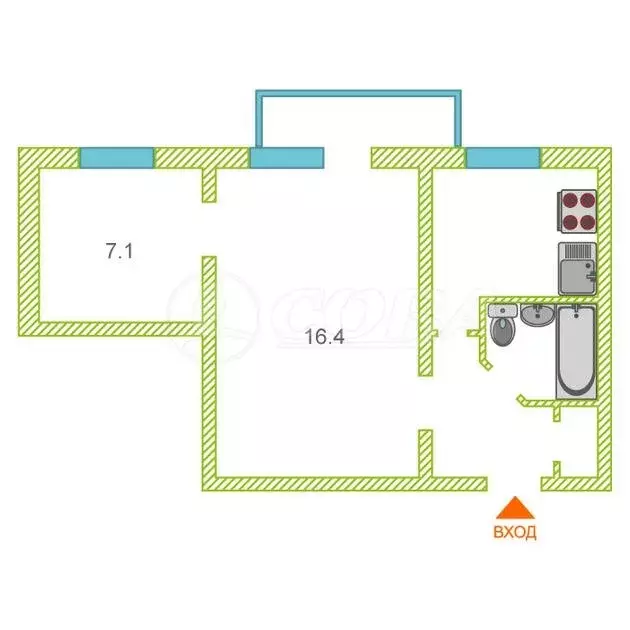 1-комнатная квартира: Тюмень, Полевая улица, 27 (37 м) - Фото 1