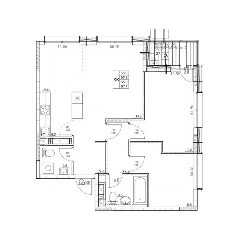 3-к кв. Приморский край, Владивосток ул. Расула Гамзатова, 7к1 (67.7 ... - Фото 1