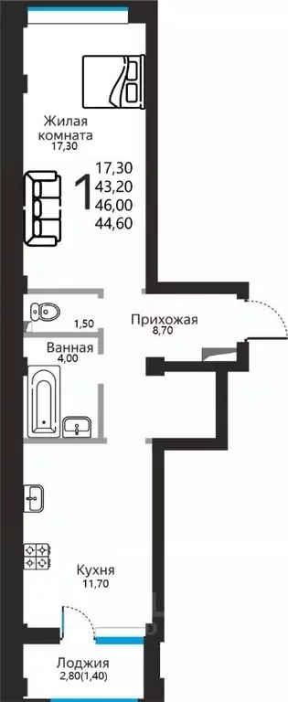 1-к кв. Ставропольский край, Ессентуки ул. Фридриха Энгельса, 53 (44.6 ... - Фото 1