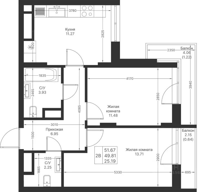 2-к кв. Татарстан, Казань Мой Ритм жилой комплекс, ПК14 (51.67 м) - Фото 2