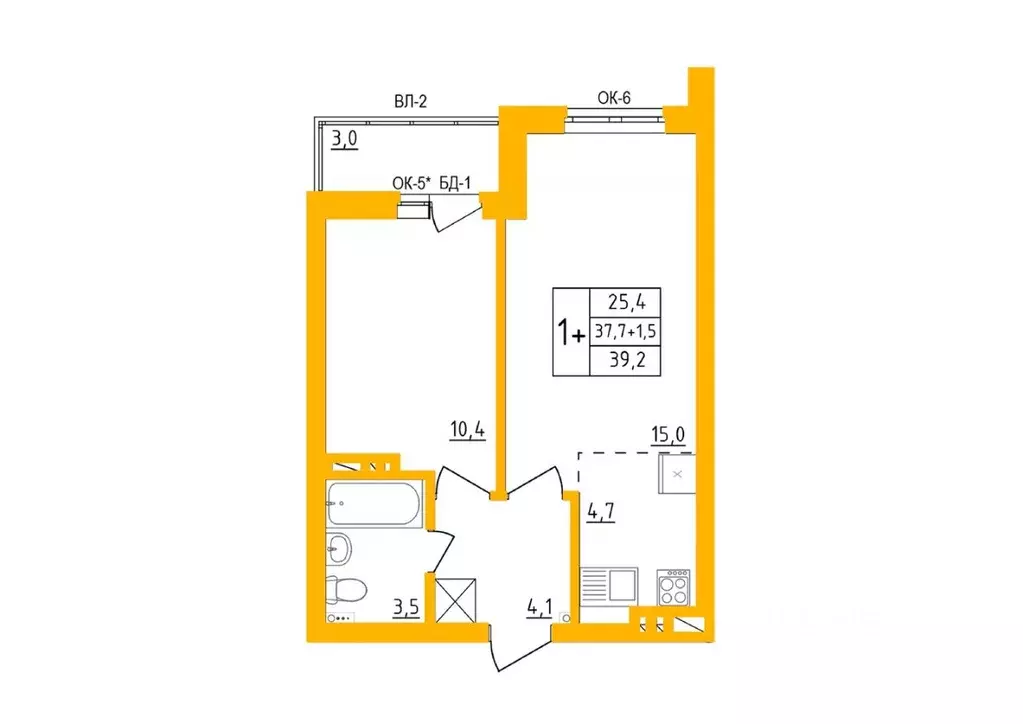 1-к кв. Башкортостан, Уфа Инорс-4Б мкр, Акварель жилой комплекс (38.9 ... - Фото 1