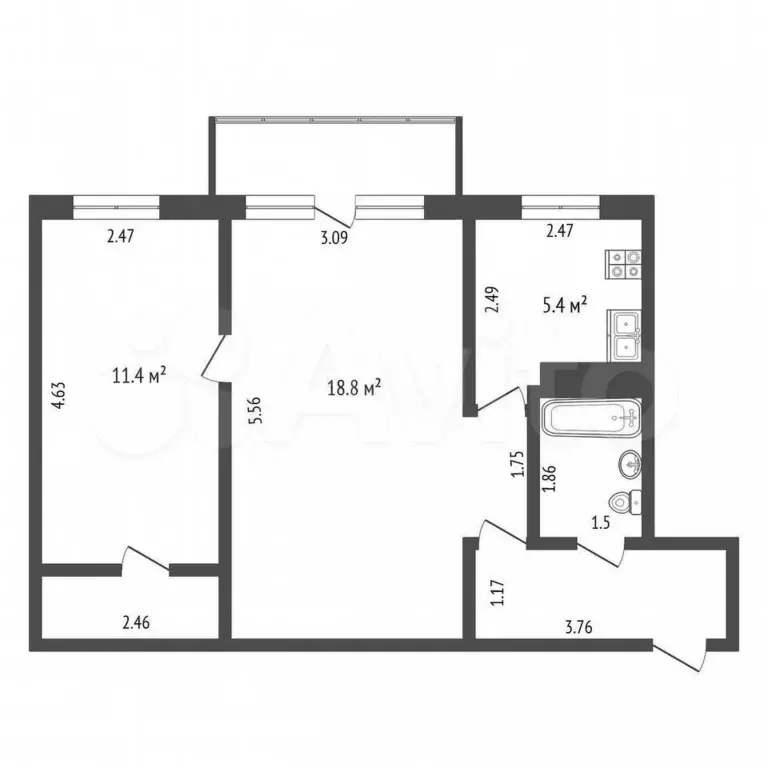 2-к. квартира, 44,9 м, 4/5 эт. - Фото 1