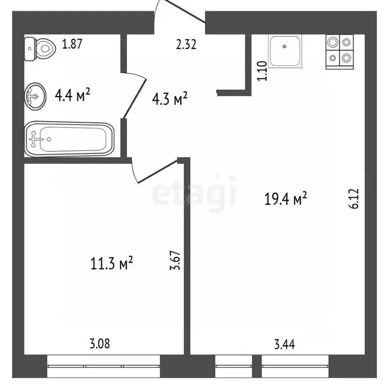 1-к кв. Тюменская область, Тюмень Полевая ул., 117к4 (32.6 м) - Фото 1