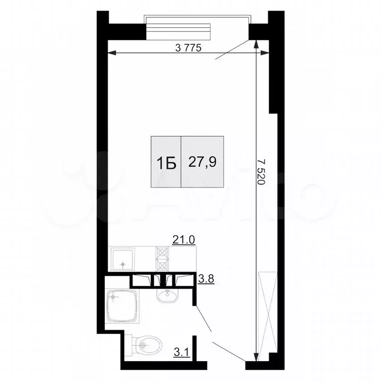 Апартаменты-студия, 27 м, 9/9 эт. - Фото 1