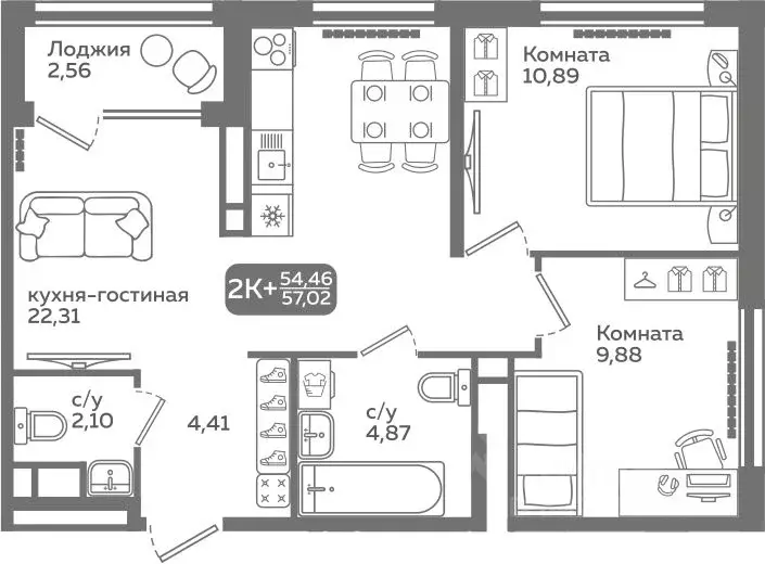 2-к кв. Тюменская область, Тюмень ул. Заполярная, 9/2 (54.46 м) - Фото 0