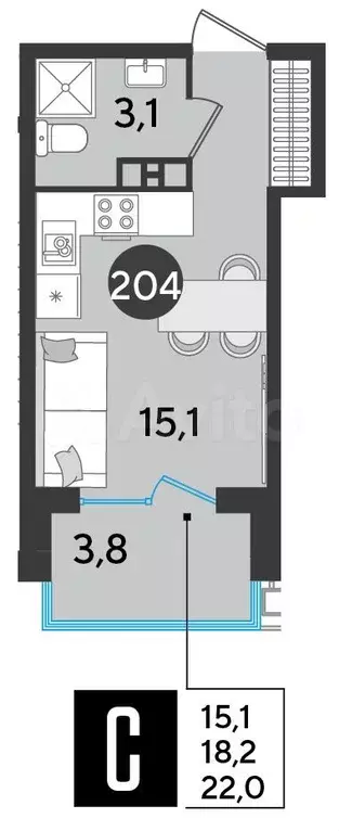 Квартира-студия, 22 м, 7/9 эт. - Фото 1