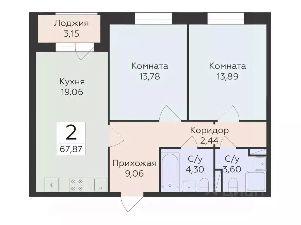 2-к кв. Воронежская область, Воронеж ул. Матросова, 60 (67.87 м) - Фото 0