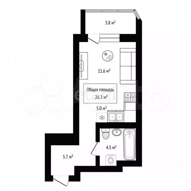 Квартира-студия, 26,3 м, 13/17 эт. - Фото 0