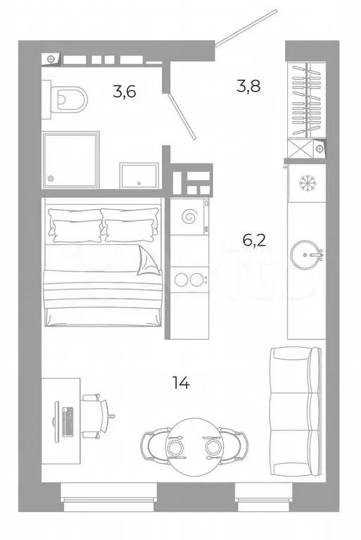 Квартира-студия, 27,6 м, 8/12 эт. - Фото 0