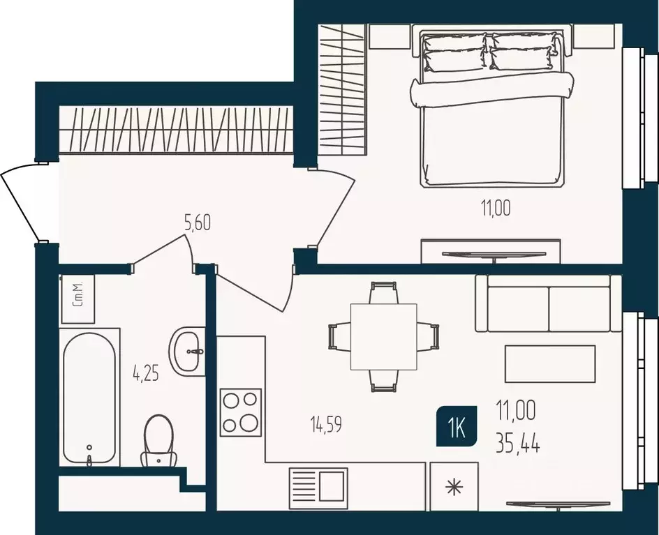 1-к кв. Тюменская область, Тюмень  (35.44 м) - Фото 1