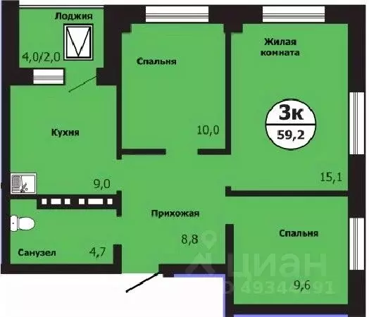 3-к кв. Красноярский край, Красноярск ул. Лесников, 51Б (59.2 м) - Фото 0