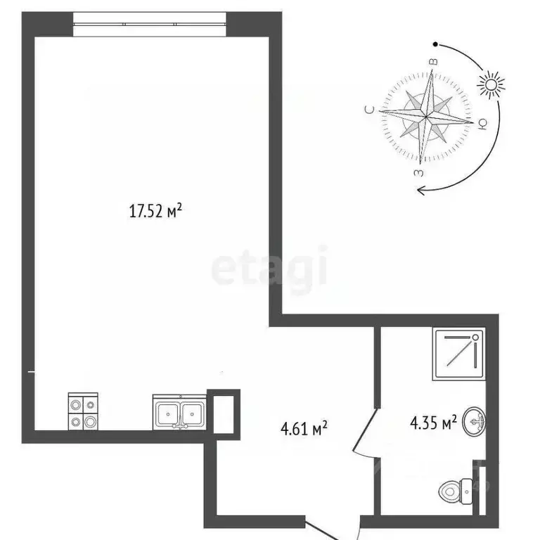 Студия Тюменская область, Тюмень ул. Газовиков, 73к1 (26.4 м) - Фото 2