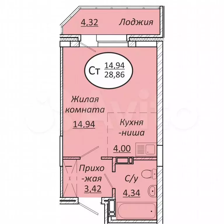 Квартира-студия, 28,9 м, 2/25 эт. - Фото 0