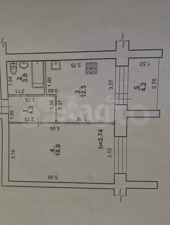 1-к. квартира, 39,6 м, 5/5 эт. - Фото 0