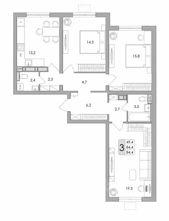 3-к кв. воронежская область, воронеж ул. шишкова, 140б/16 (84.4 м) - Фото 0