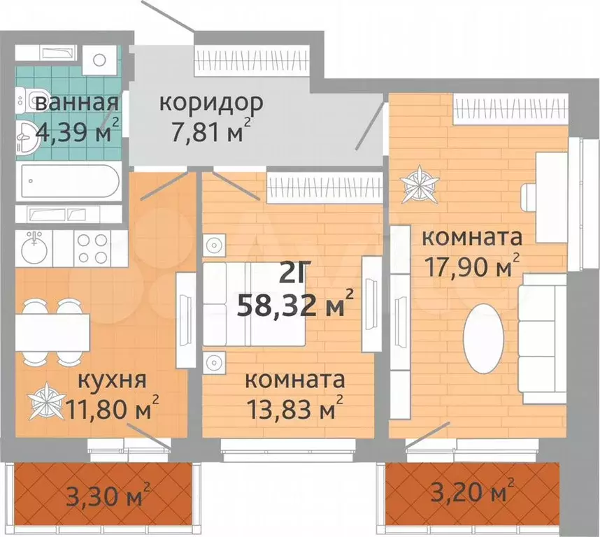 2-к. квартира, 58,3 м, 17/24 эт. - Фото 1