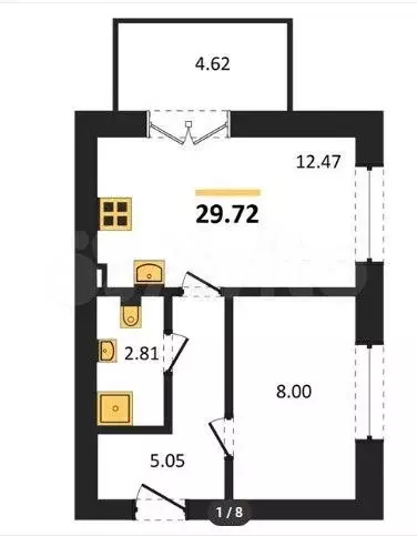 1-к. квартира, 29,7 м, 2/5 эт. - Фото 1