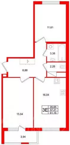 Квартира, 2 комнаты, 61.15 м - Фото 0