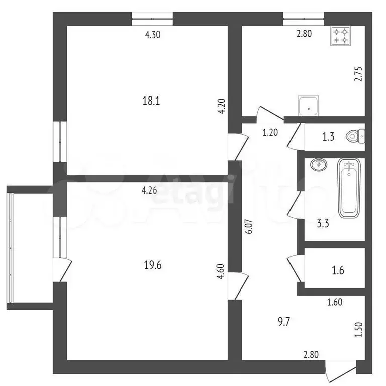 2-к. квартира, 61,4 м, 3/3 эт. - Фото 1