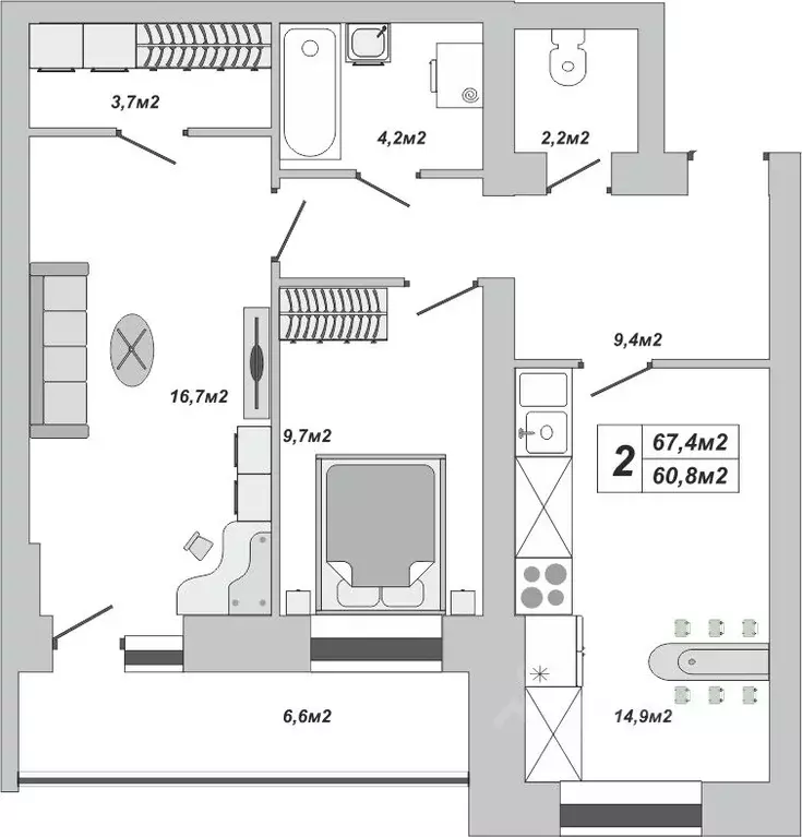 2-к кв. Тамбовская область, Тамбов ул. Чичерина, 7/1к3 (67.4 м) - Фото 0