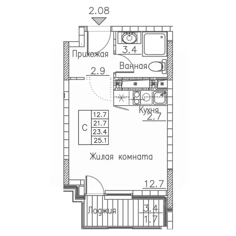 1-к кв. Приморский край, Владивосток ул. Расула Гамзатова, 7к1 (25.1 ... - Фото 2