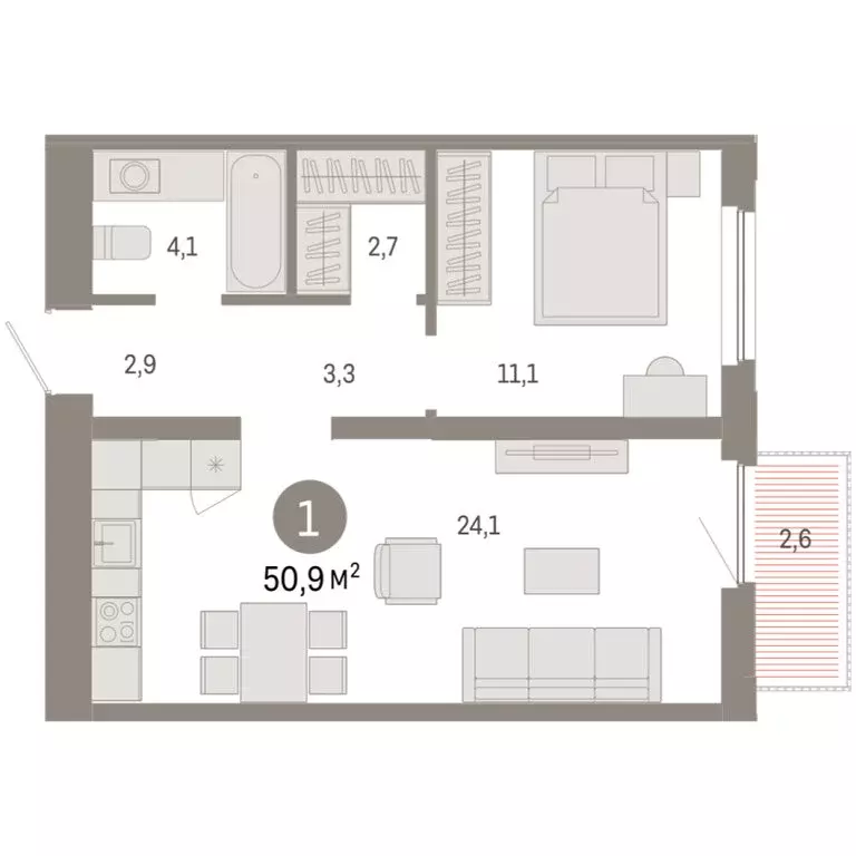 1-комнатная квартира: Тюмень, Мысовская улица, 26к2 (50.87 м) - Фото 2