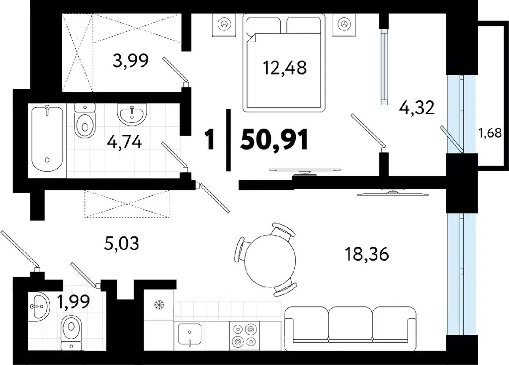 1-к кв. Тюменская область, Тюмень Тарманы мкр,  (50.91 м) - Фото 0