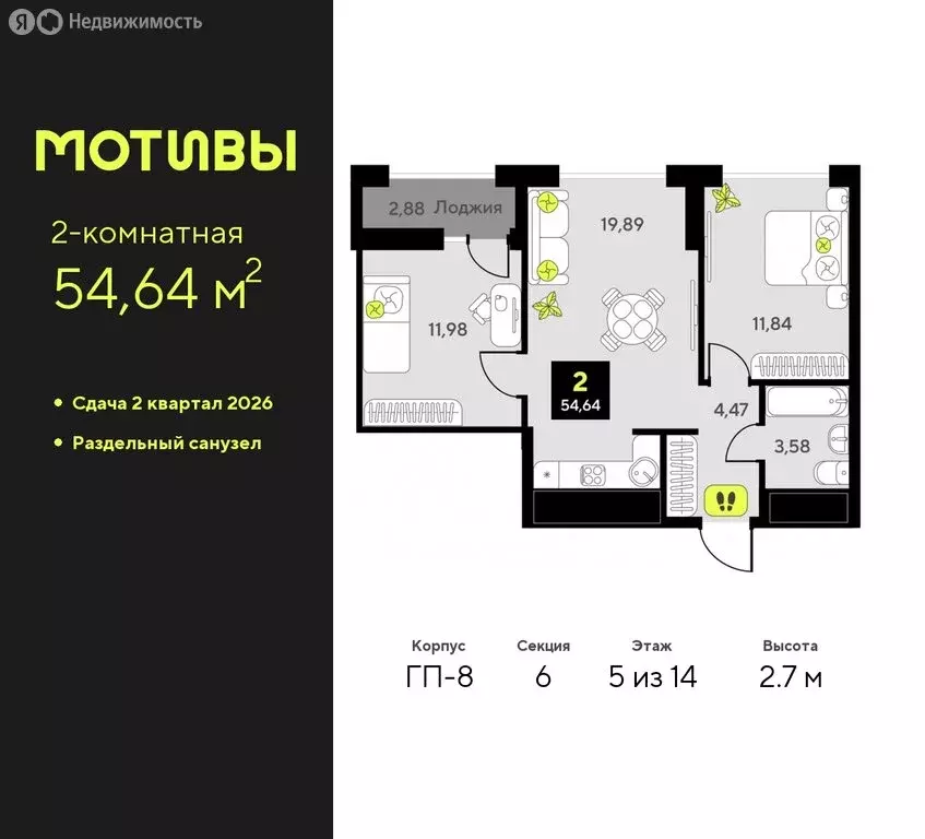 2-комнатная квартира: Тюмень, жилой комплекс Мотивы (54.64 м) - Фото 0