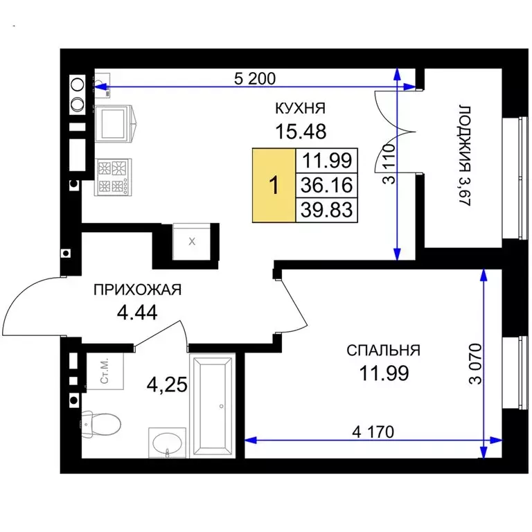 1-комнатная квартира: Гурьевск, жилой комплекс Включи (39.83 м) - Фото 0