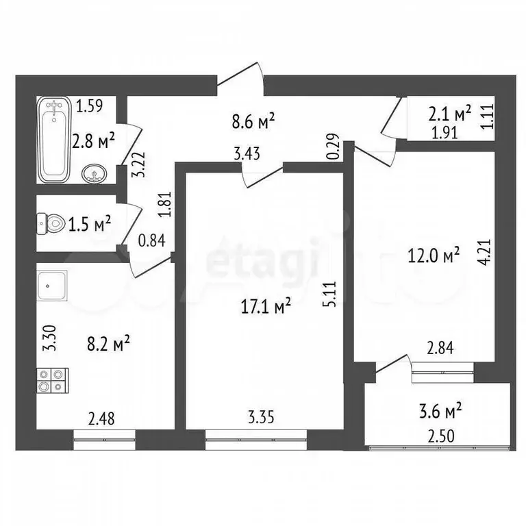 2-к. квартира, 52,3 м, 1/5 эт. - Фото 0