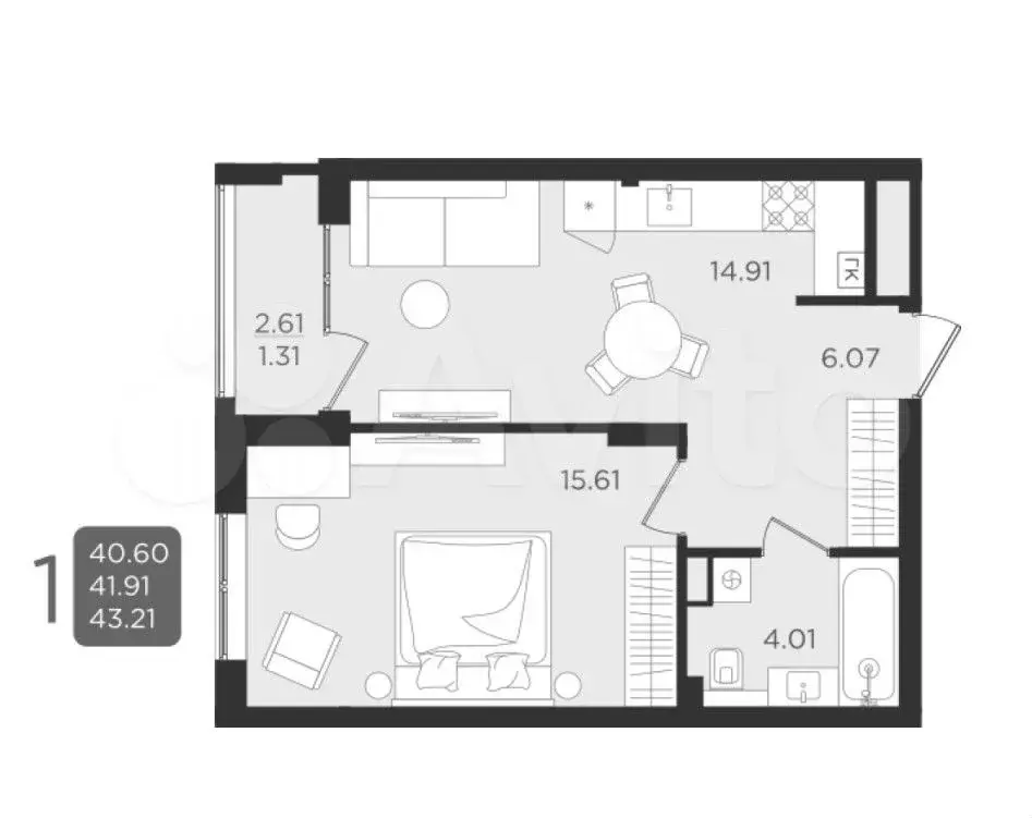 1-к. квартира, 41,6 м, 4/9 эт. - Фото 1