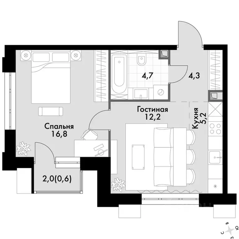 2-к кв. Приморский край, Владивосток Флагман жилой комплекс (43.8 м) - Фото 2