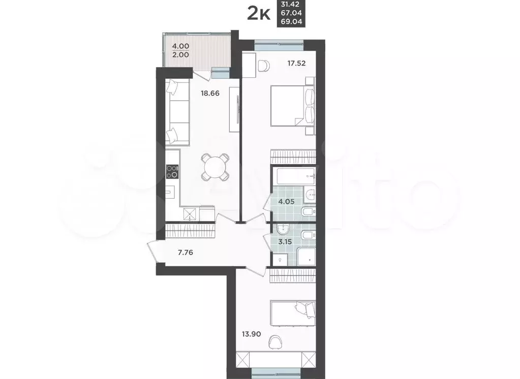 2-к. квартира, 67 м, 7/9 эт. - Фото 1